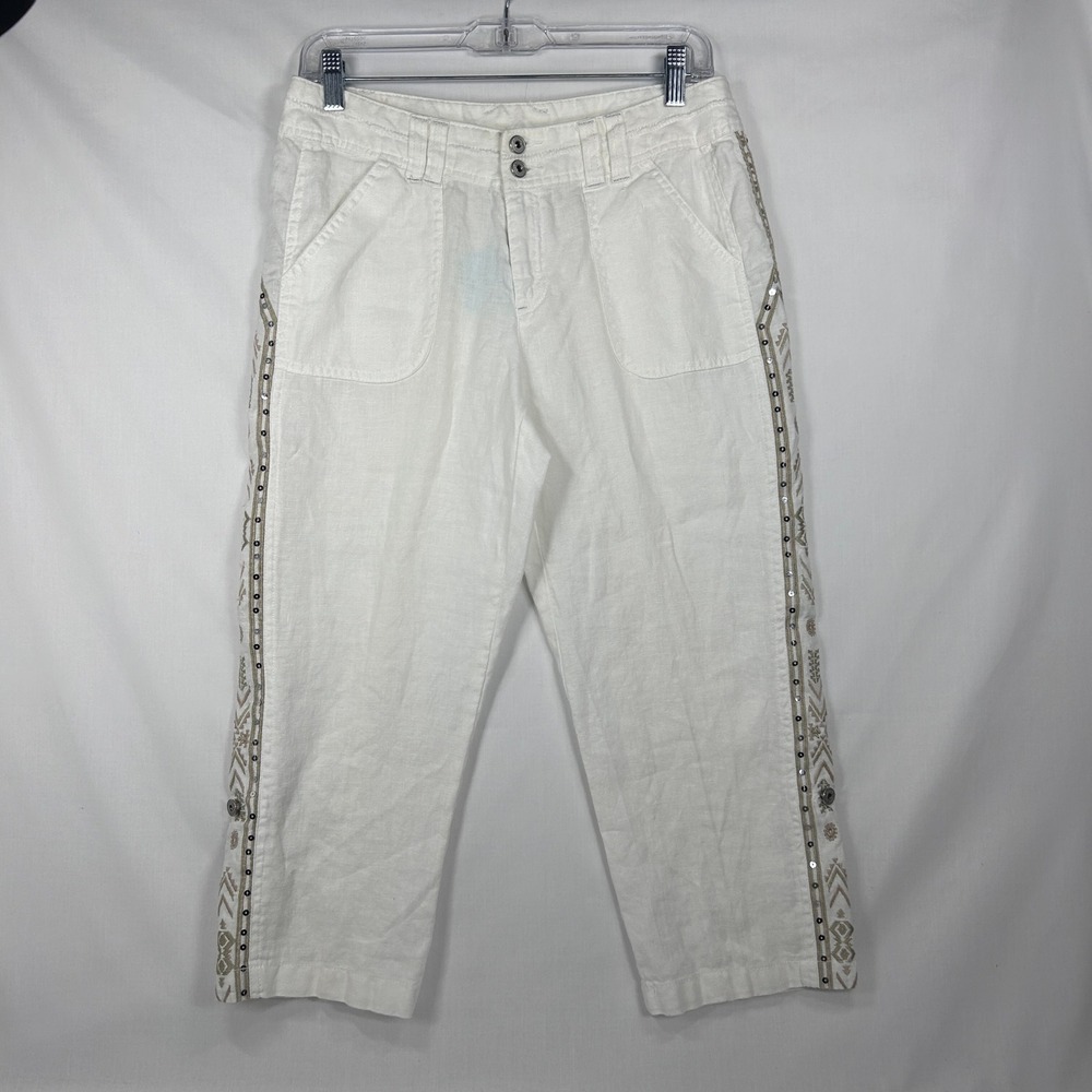 INC International Concepts White 100% Linen Embroidered Sequin Pants – Size 4